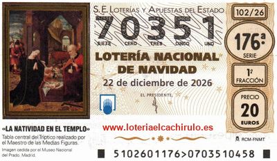 Anverso del d&eacute;cimo 70351 de la Loter&iacute;a de Navidad 2026, de Torrijos (Toledo)